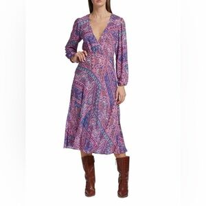 BA&SH SIZE 6 M Franky Paisley Midi Wrap Dress Purple long sleeve